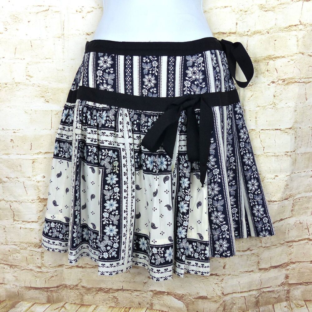 Cinq a Sept Skirt Women 2 Ivory Navy Amory Bandana Floral Pleated Silk Ties FLAW